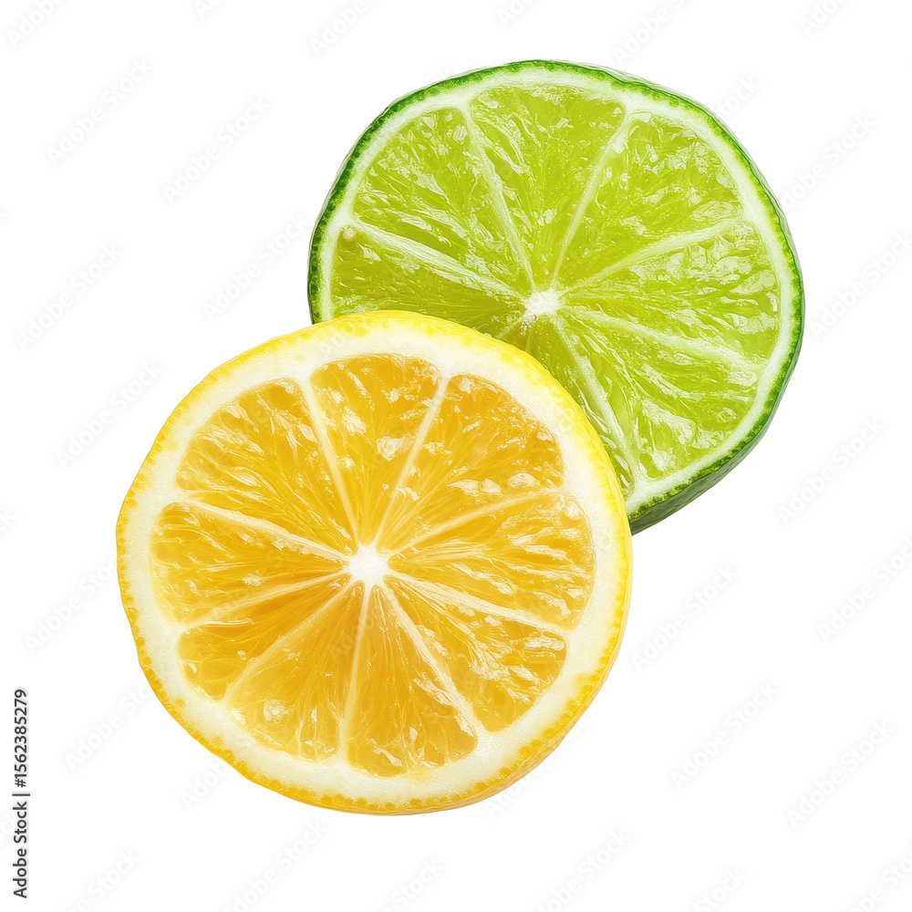 Poster lemon and lime slices on a transparent background showcasing vibrant colors and fresh textures, lemo