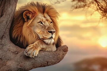 Majestic lion rests gracefully on a tree branch in the Kenyan sunset landscape, A lion rests in a tree in Kenya