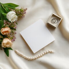 Elegant Wedding Flat Lay with Flowers, Rings, and Blank Card on Soft Silk Background