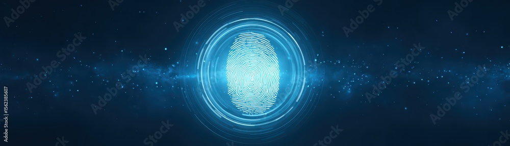 Poster digital concept of futuristic fingerprint recognition technology on blue background with light effec