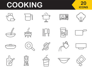 Cooking icon set. Set of 20 outline icons related to cooking. Included icons representing cutlery, food, restaurant, teems, kitchen, chef and more symbol. Vector illustration.