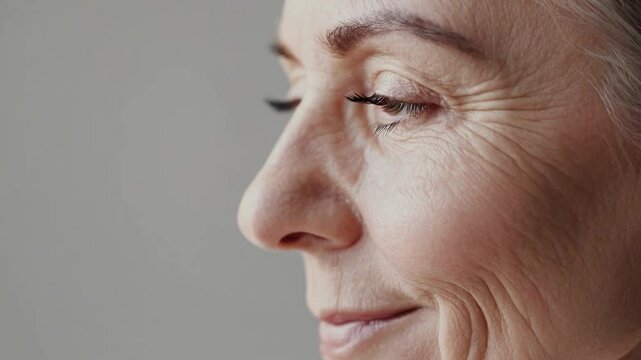 Serene Portrait of Age: A captivating profile of an elderly woman's face, etched with wisdom, reveals delicate wrinkles that tell a story of time, experience, and inner peace.