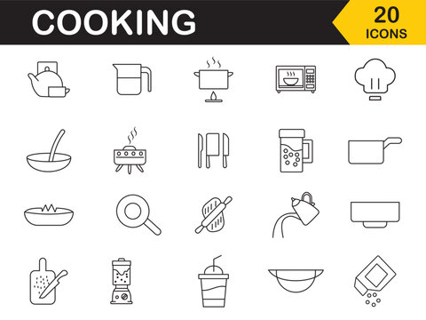 Cooking icon set. Set of 20 outline icons related to cooking. Included icons representing cutlery, food, restaurant, teems, kitchen, chef and more symbol. Vector illustration.