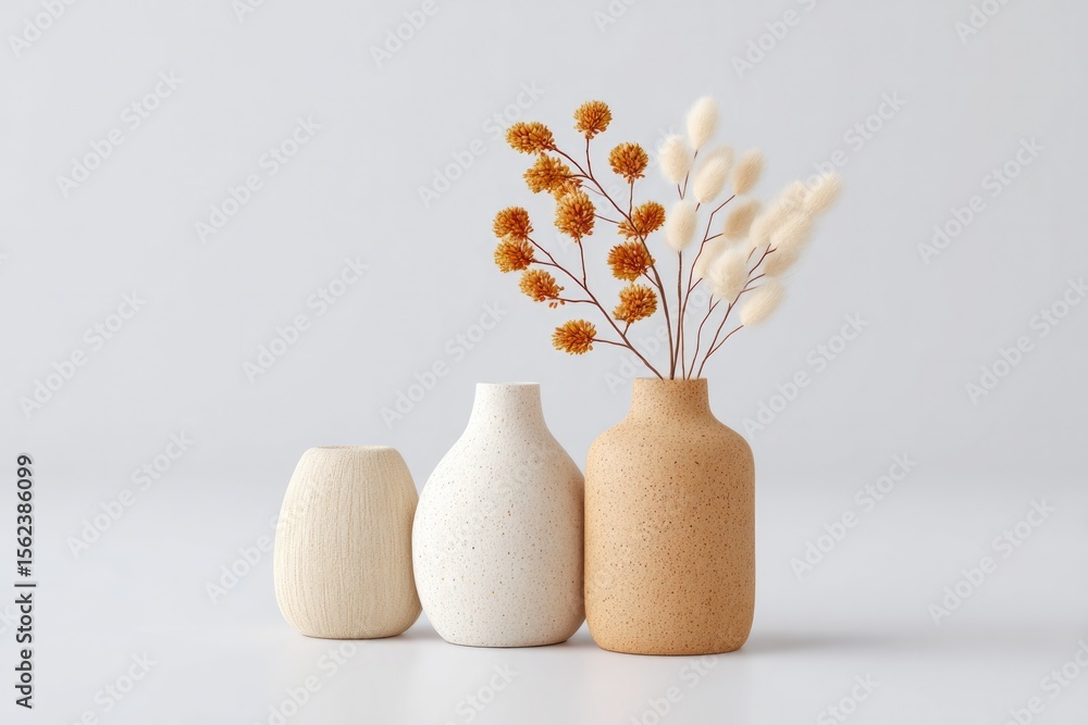 Poster minimalistic arrangement of assorted wall decorations on pristine white background with plenty of co