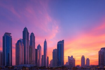 Obraz premium skyscrapers of dubai stand tall against vivid sunset sky while people blend into blurred backdrop
