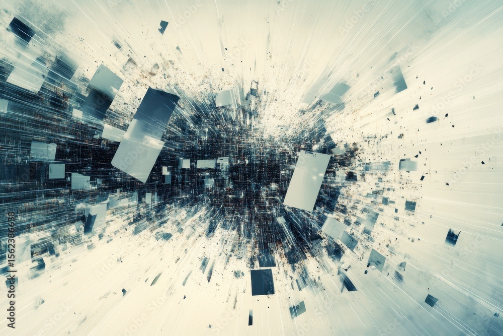 Aufkleber digital glitch artwork featuring abstract noise and fragmented structures in a chaotic burst, abstra