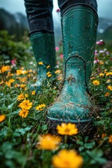 Obraz premium Close-up of green boots walking on wet grass during a rainy day