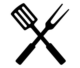 Crossed Spatula and Fork Silhouette Minimalist Black Vector silhouette crossed Icon Symbolizing Grilling, Cooking, and Culinary Themes barbecue on white background