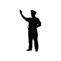 Black silhouette police officer directing traffic on white background Vector illustration