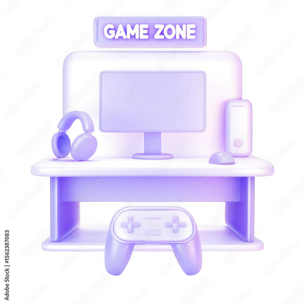 Poster gaming setup with game zone sign isolated on transparent background