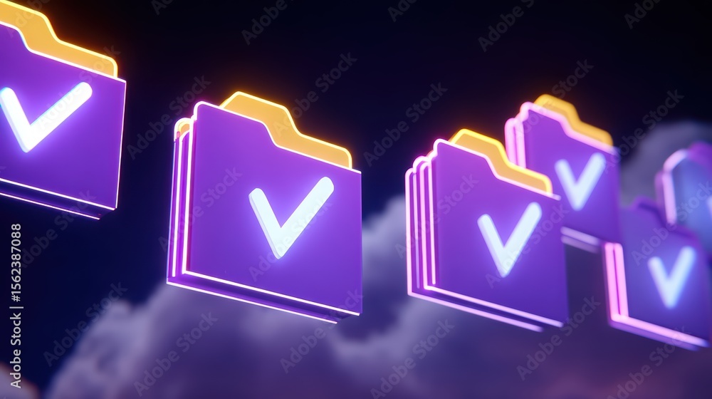 Aufkleber colorful neon folders with check marks symbolizing digital organization and efficiency in cloud stor