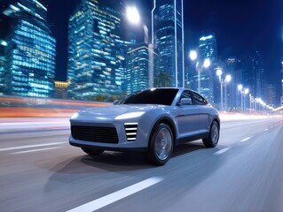 Futuristic Electric Car in Motion on City Street at Night with Skyscrapers and Bright Lights