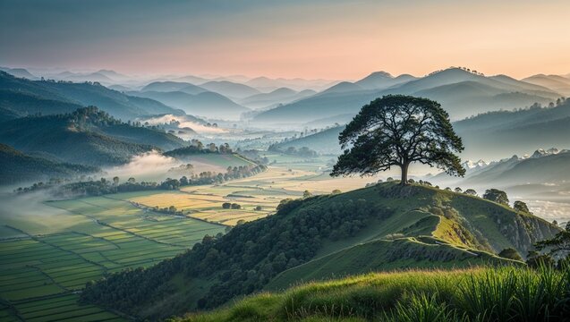 Breathtaking view of valleys from Parunthumpara hilltop with mist, lone tree, and pastel early light.

