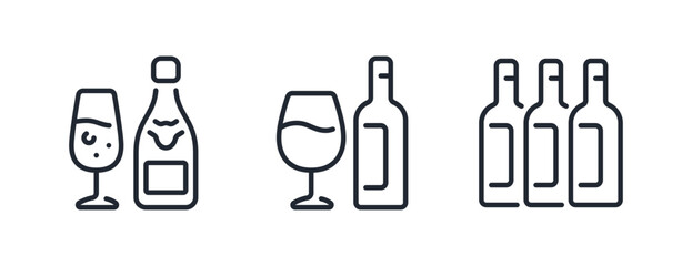 Wine glass and bottles editable stroke outline icons set isolated on white background flat vector illustration. Pixel perfect. 64 x 64.