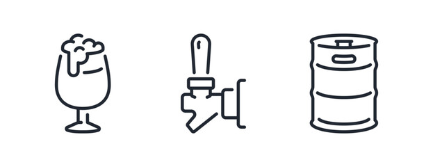 Beer tap, glass and metal barrel editable stroke outline icons set isolated on white background flat vector illustration. Pixel perfect. 64 x 64.