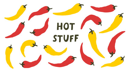 Chili hot peppers red and yellow vector illustration set.  Hot  cayenne jalapeno vegetable ingredient.