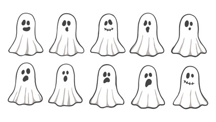 Cute ghost halloween characters collection hand drawn doodle set vector illustration. Funny holiday scary decoration.