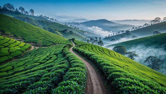 Lush tea gardens of Munnar under misty skies, viewed from above, with narrow paths winding through emerald hills.
