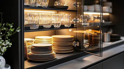 Modern kitchen cabinet, dishes, glassware, open door, warm lighting, interior design