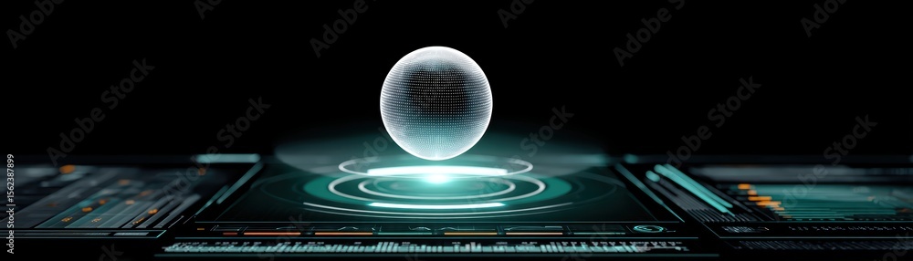 Poster futuristic digital interface with holographic sphere and data displays in a dark environment
