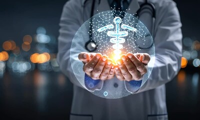 A doctor's hands cradle a glowing medical symbol surrounded by a network of connections, representing healthcare innovation. - Powered by Adobe