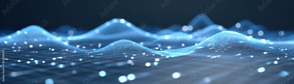 Poster abstract digital landscape with glowing waves and light particles in a futuristic setting