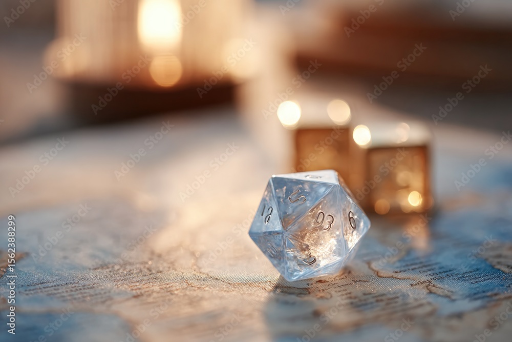 Poster close-up of pawn and dice scattered on character sheet under lamplight during late-night rpg session