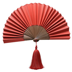 Red paper fan adorned with a tassel elegantly displays isolated on transparent background.