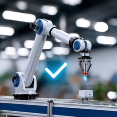 Obraz premium Advanced Industrial Robotic Arm Performing Quality Control in High-Tech Manufacturing Environment