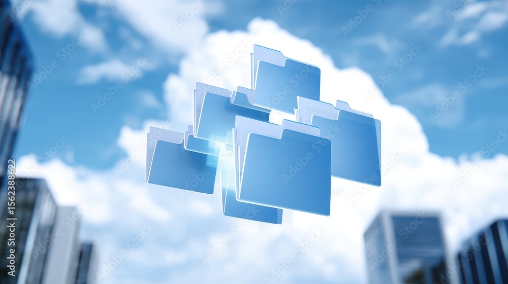 Poster floating digital file folders against a clear blue sky, representing cloud storage and data organiza