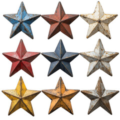 Rustic metal stars weathered vintage patriotic decorated isolated on transparent background.