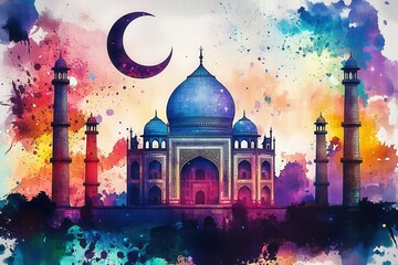 Taj mahal watercolor art with moon and vibrant splashes