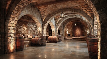 Fototapeta premium A spacious rustic wine cellar with stone arches, wooden barrels, and warm golden lighting inside