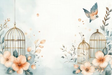 Elegant bird and floral design with golden cages