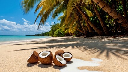 Cracked coconuts on the beach