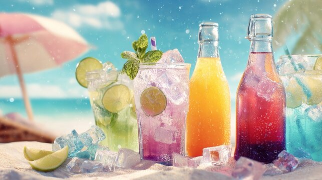 Hot summer sale colourful beach clearance with discounts on refreshing drinks. High quality