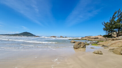 View of a serene beach with calm waters lapping against the rocks, surrounded by lush green vegetation and sandbanks. The light blue sky blends with soft clouds, creating a peaceful atmosphere.