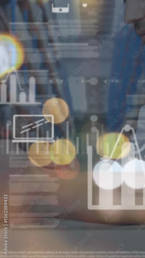 Poster animation of data processing over businessman using tablet in warehouse shipping centre