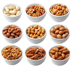 Set of white bowls filled with a variety of mixed nuts isolated on transparent background.