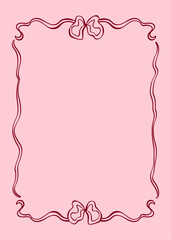 Soft pink background with elegant ribbon and bow forming frame. Ideal for card, packaging, girly themes. Doodle vector illustration in decorative Coquette Aesthetic style.