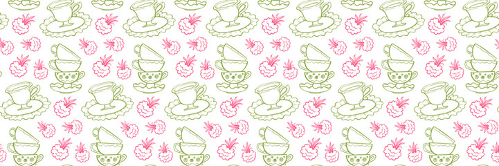 Whimsical seamless pattern with tea cups, raspberries and plates. Vintage Tea Time with raspberry. Ideal for packaging, fabric, stationery, and branding. Hand drawn vector illustration in doodle style