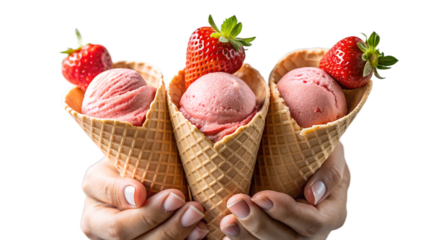 Two hands hold three strawberry ice cream cones isolated on transparent background