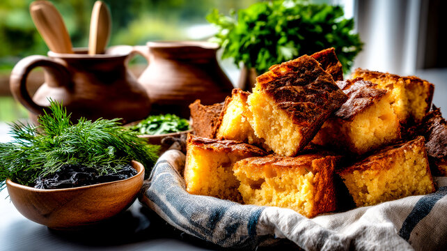 Stacked golden cornbread pieces with fresh dill and herbs.A pile of golden-brown sopa paraguaya on a striped linen with fresh dill and other herbs, wooden utensils and ceramic jugs in the background.