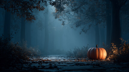 Close up a pumpkin on the street , black forest background , halloween mood.