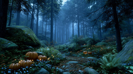 lot of halloween pumpkins around the dark forest , halloween mood.