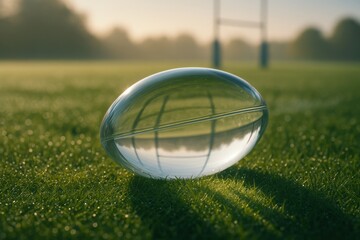 Transparent rugby ball on grass field with blurred goalposts in morning sunlight