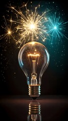 Light bulb with sparkling fireworks and glowing effects on dark background