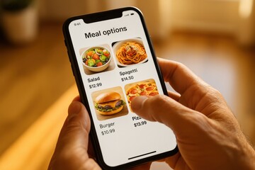 Person browsing meal options on smartphone food delivery app in warm ambient lighting