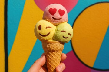 Colorful ice cream cone with emoji scoops against vibrant geometric background