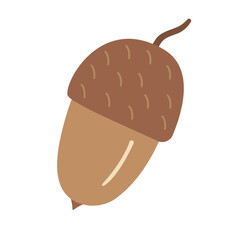 Brown acorn with textured cap and curved stem. Hand drawn flat vector illustration.